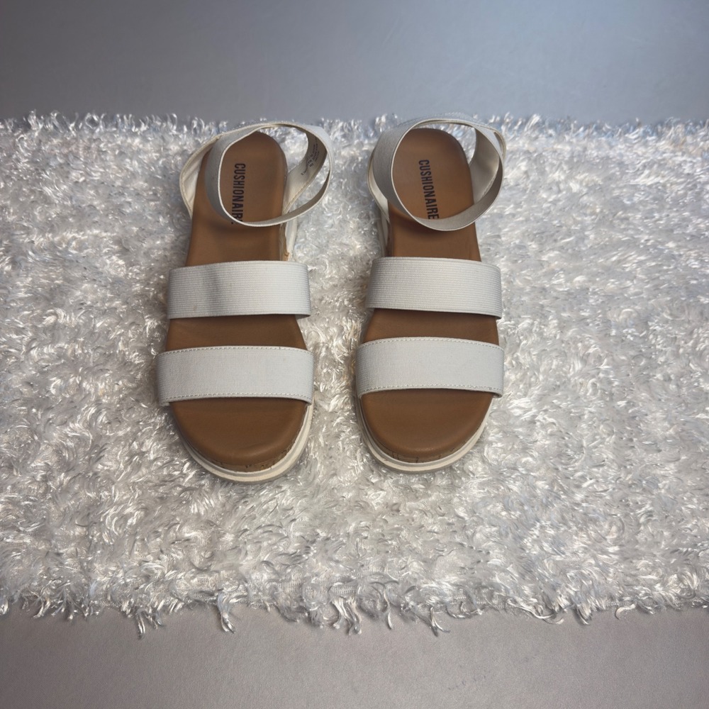 Cushionaire Lane White Elastic Cork Platform Wedge Sandals Women 8 Vacation Work